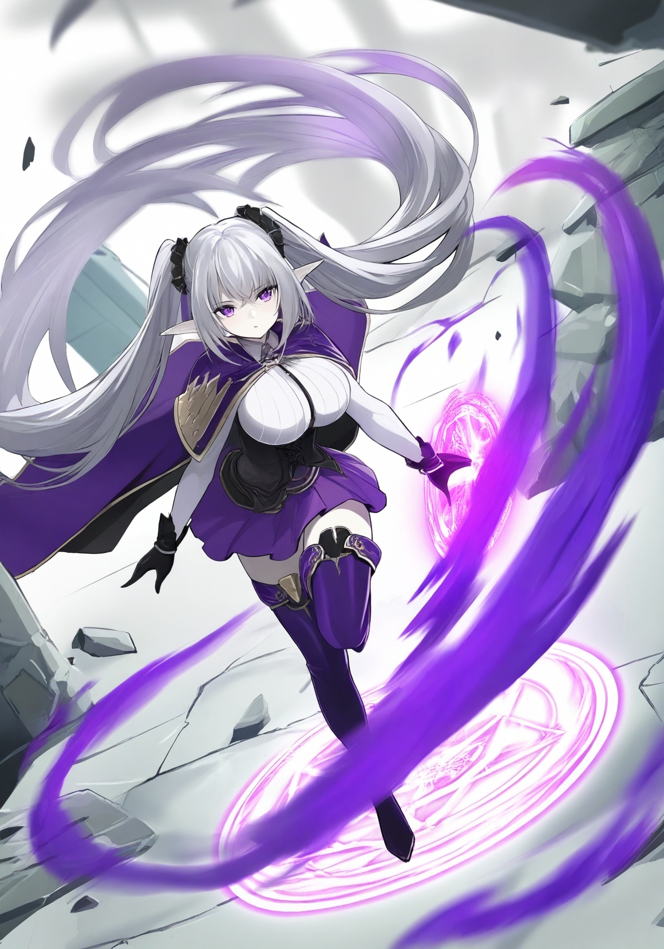 【AI生成/戦闘詠唱ポーズ全9種×背景5種】銀髪エルフの魔導姫ゼルモリア 全155枚CG集 -紫紺の戦乙女-