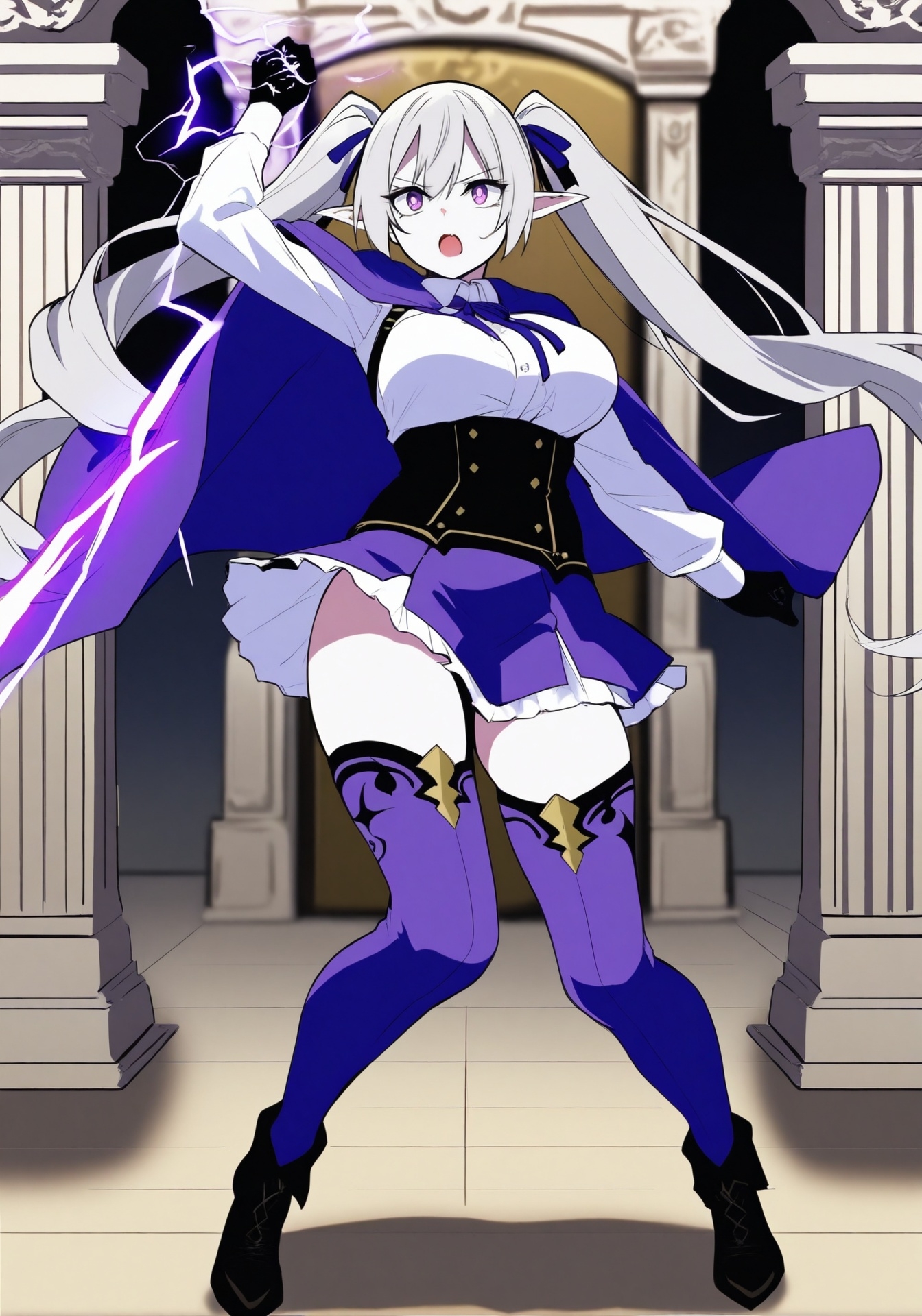 【AI生成/戦闘詠唱ポーズ全9種×背景5種】銀髪エルフの魔導姫ゼルモリア 全155枚CG集 -紫紺の戦乙女-