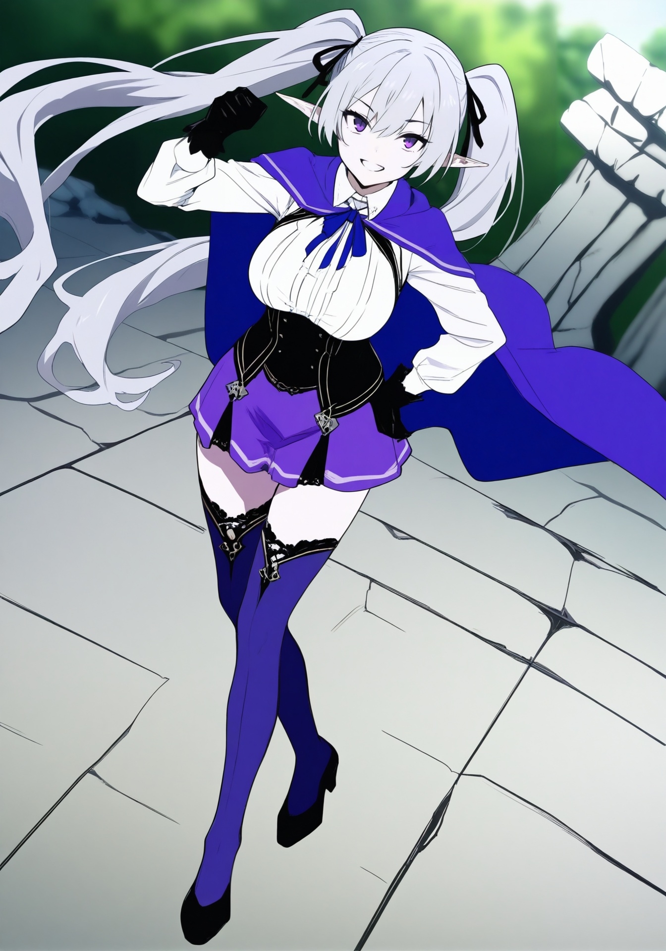 【AI生成/戦闘詠唱ポーズ全9種×背景5種】銀髪エルフの魔導姫ゼルモリア 全155枚CG集 -紫紺の戦乙女-