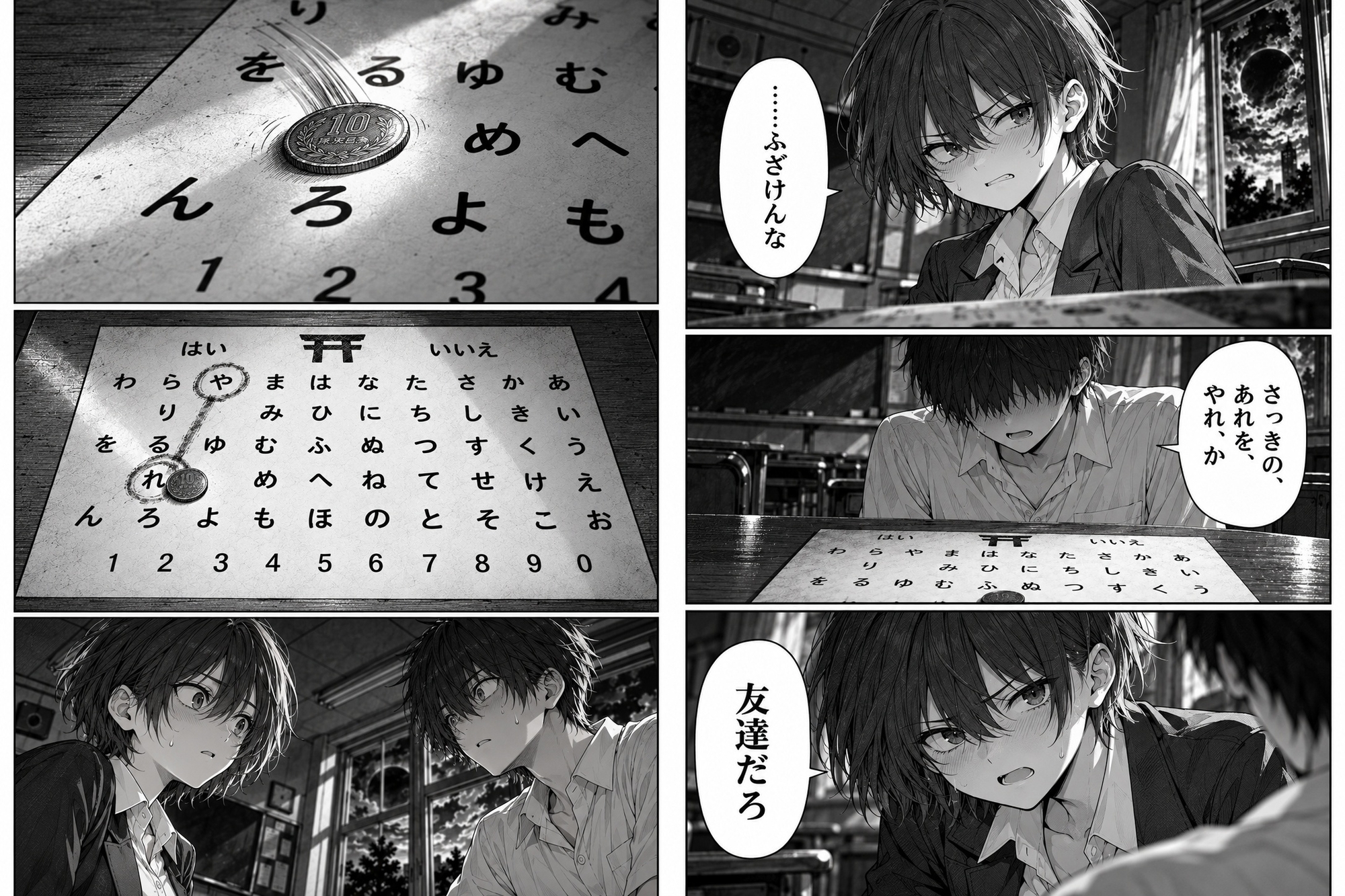 放課後のこっくりさん。無視した短髪で日焼けのアイツとヤルまで出られない呪い。