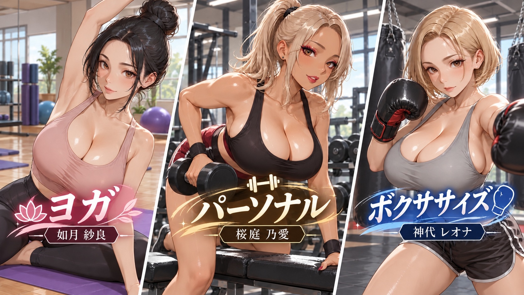汗も拭かずに即SEX！トレーニング直後の爆乳美女インストラクター3人と濃厚中出し！