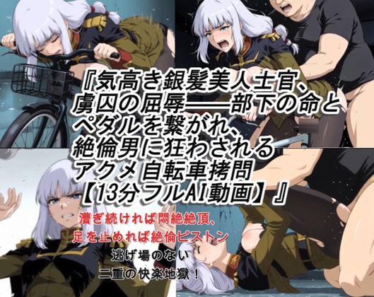 動画13分 公国軍・銀髪の美人士官、虜囚の秘密基地で絶倫男の電動アクメ自転車に繋がれプライド崩壊